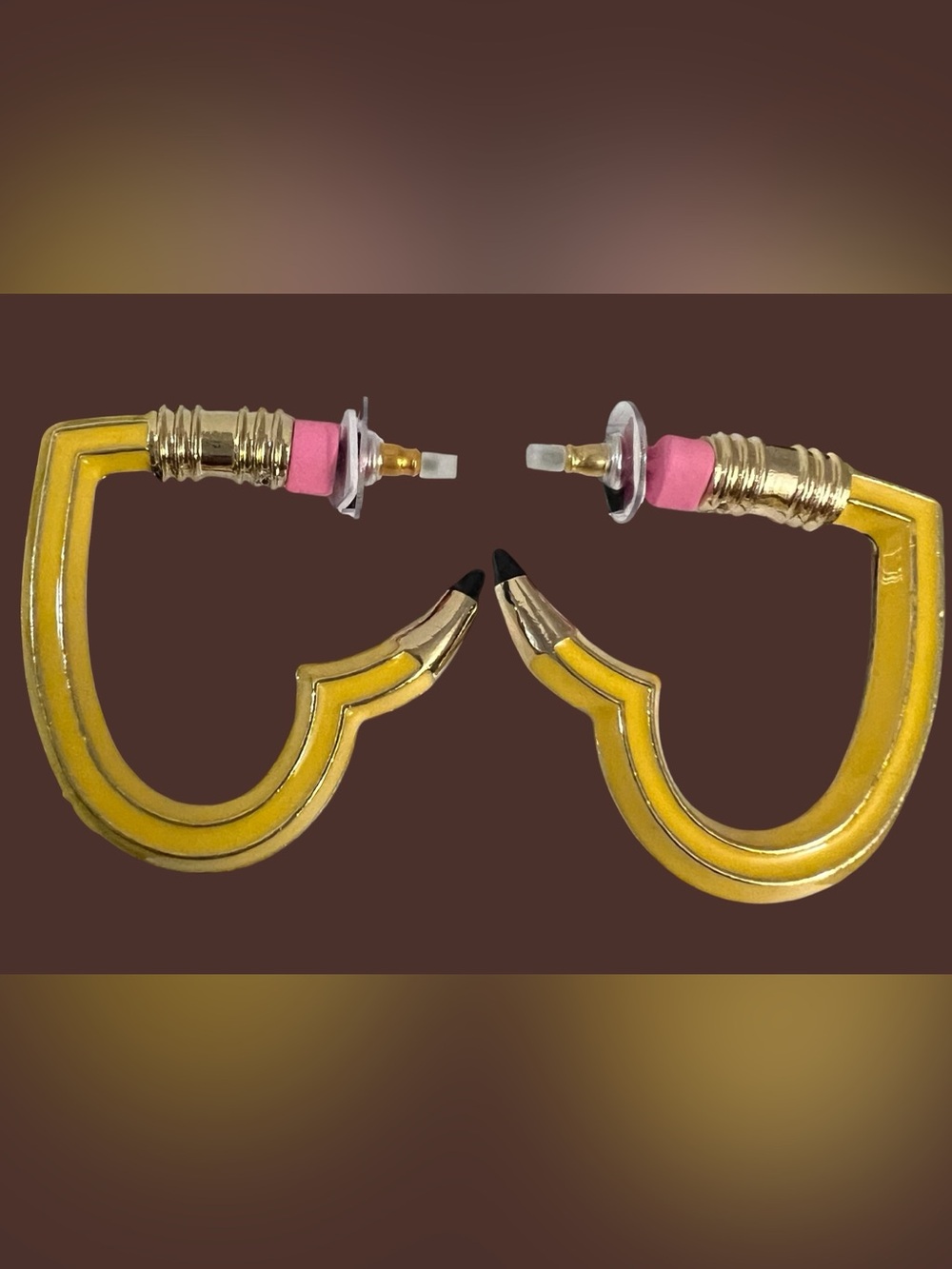 Betsey Johnson Yellow Pencil Heart Hoop Earrings with Pink Eraser - Picture 4 of 16